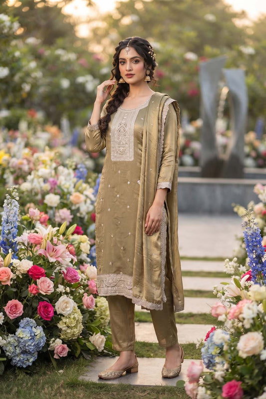 L Brown Straight Cut Kurti With Pant With Dupatta 3 Pcs Set
