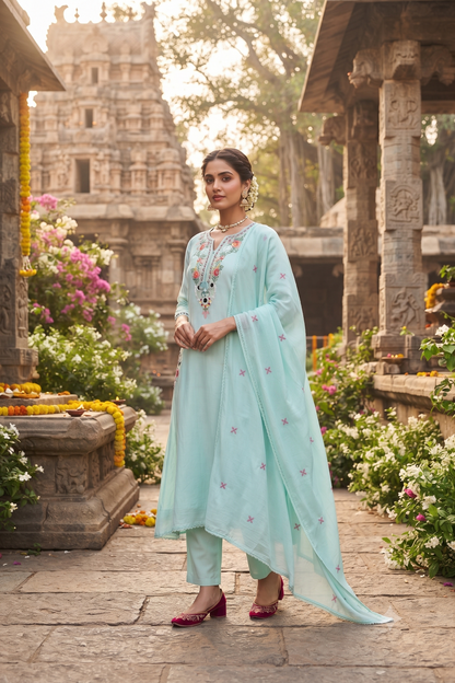 Green Cotton Straight Kurti With Pant and Dupatta 3 Pcs Set