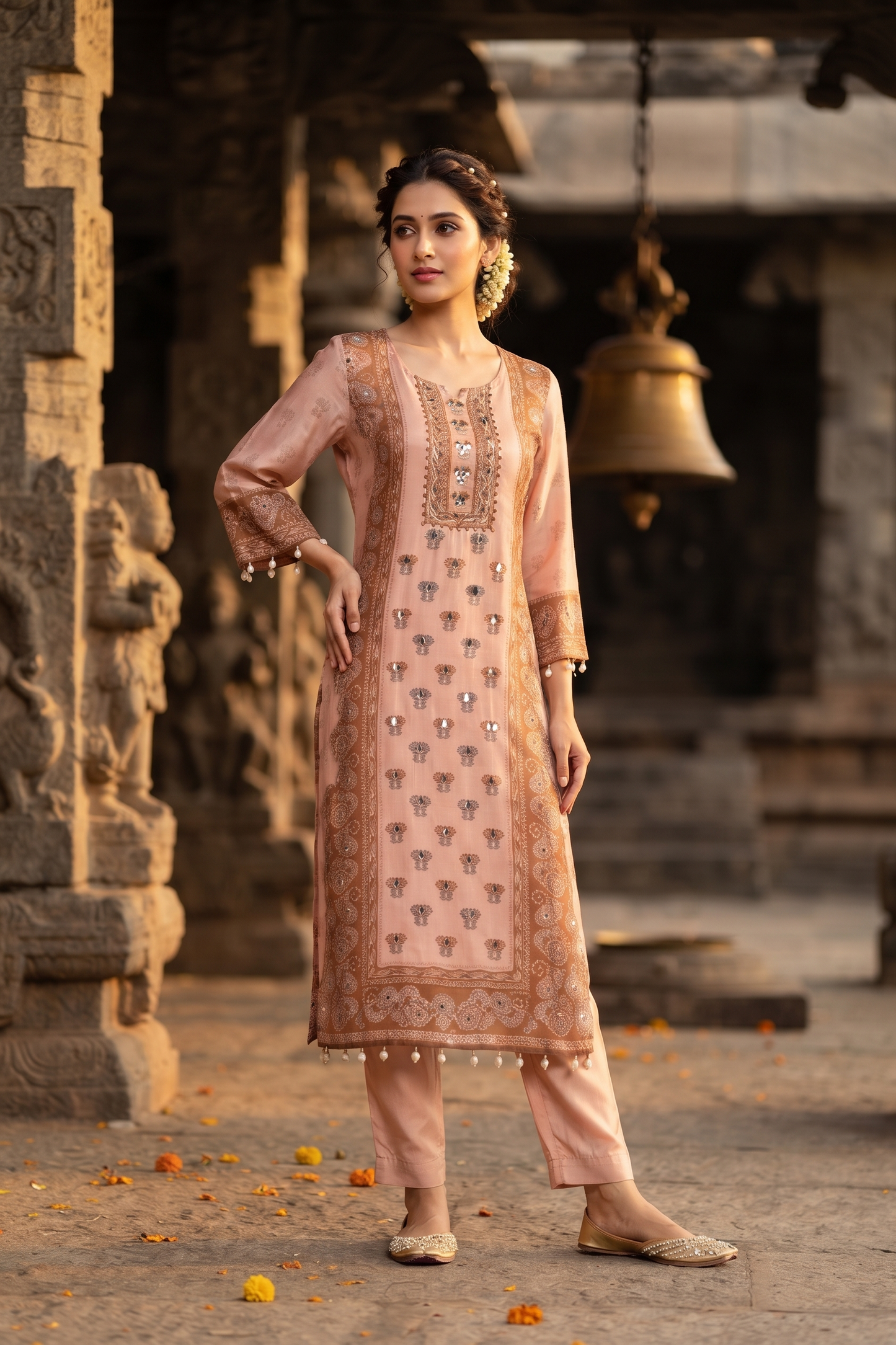Buff Crepe Straight Kurti With Pant and Dupatta 3 Pcs Set