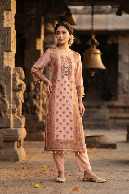 Buff Crepe Straight Kurti With Pant and Dupatta 3 Pcs Set