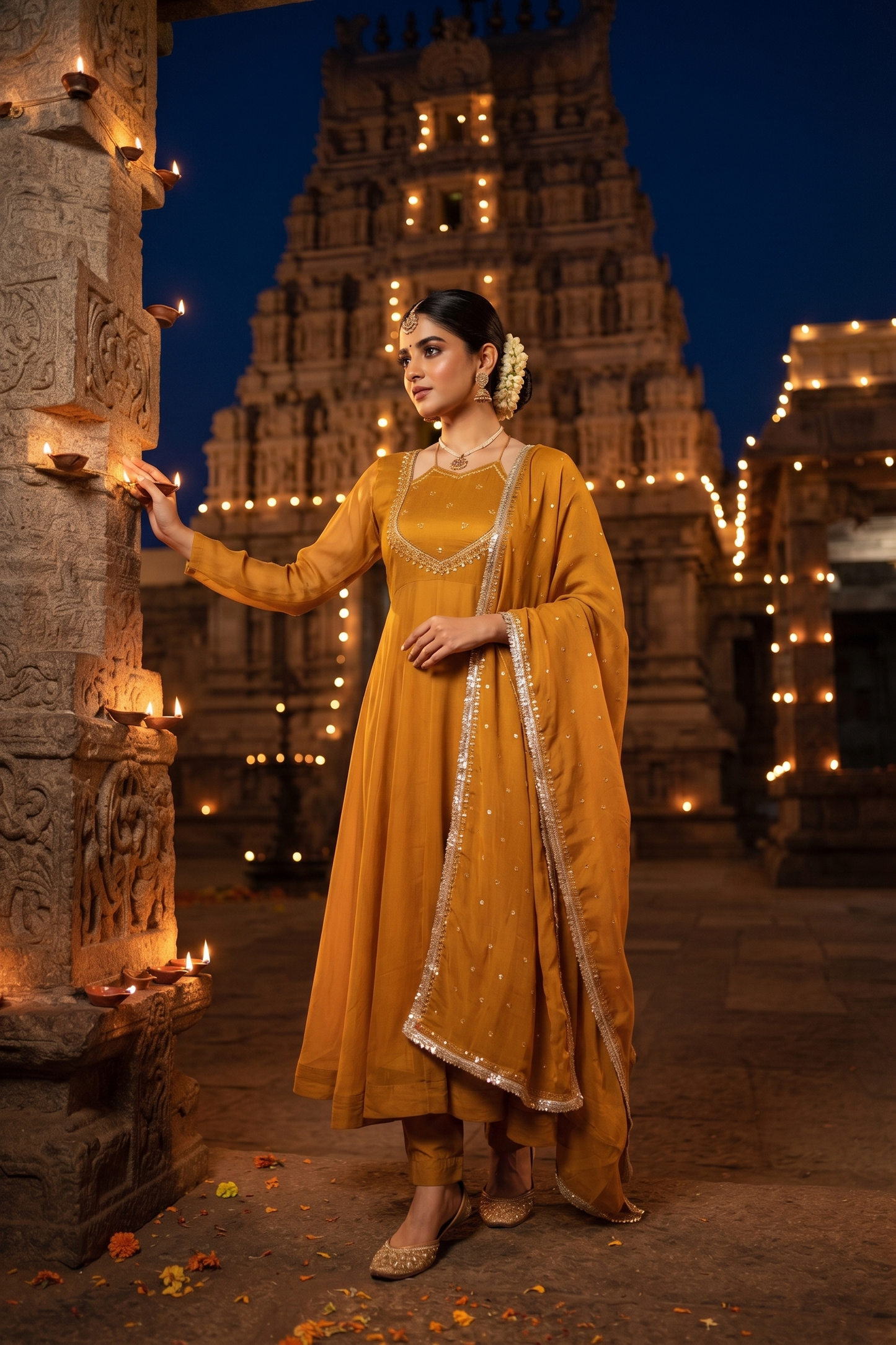Mustard Chinoon Frock Style Kurti With Pant and Dupatta 3 Pcs Set