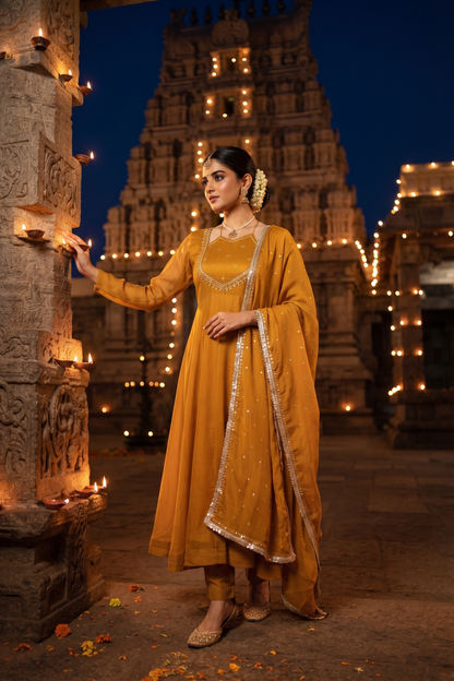 Mustard Chinoon Frock Style Kurti With Pant and Dupatta 3 Pcs Set