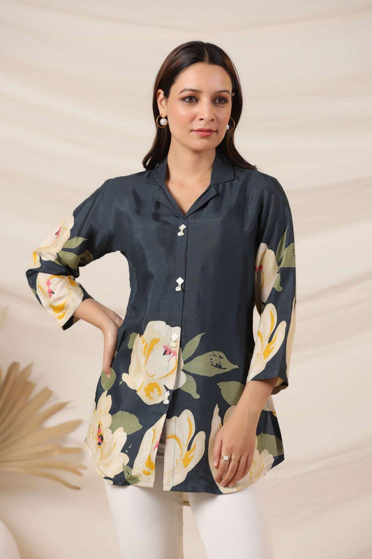 Peacock Blue Crepe Short Kurti One Pcs