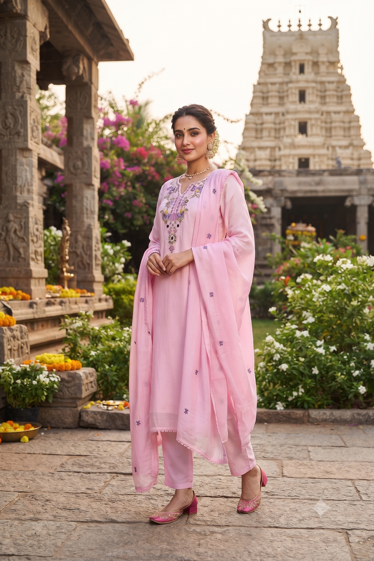 Pink cotton Straight Kurti With Pant and Dupatta 3 Pcs Set