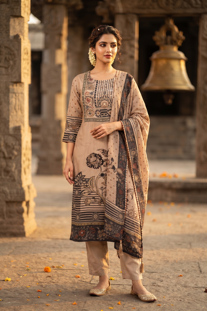 Grey Crepe Straight Kurti With Pant and Dupatta 3 Pcs Set