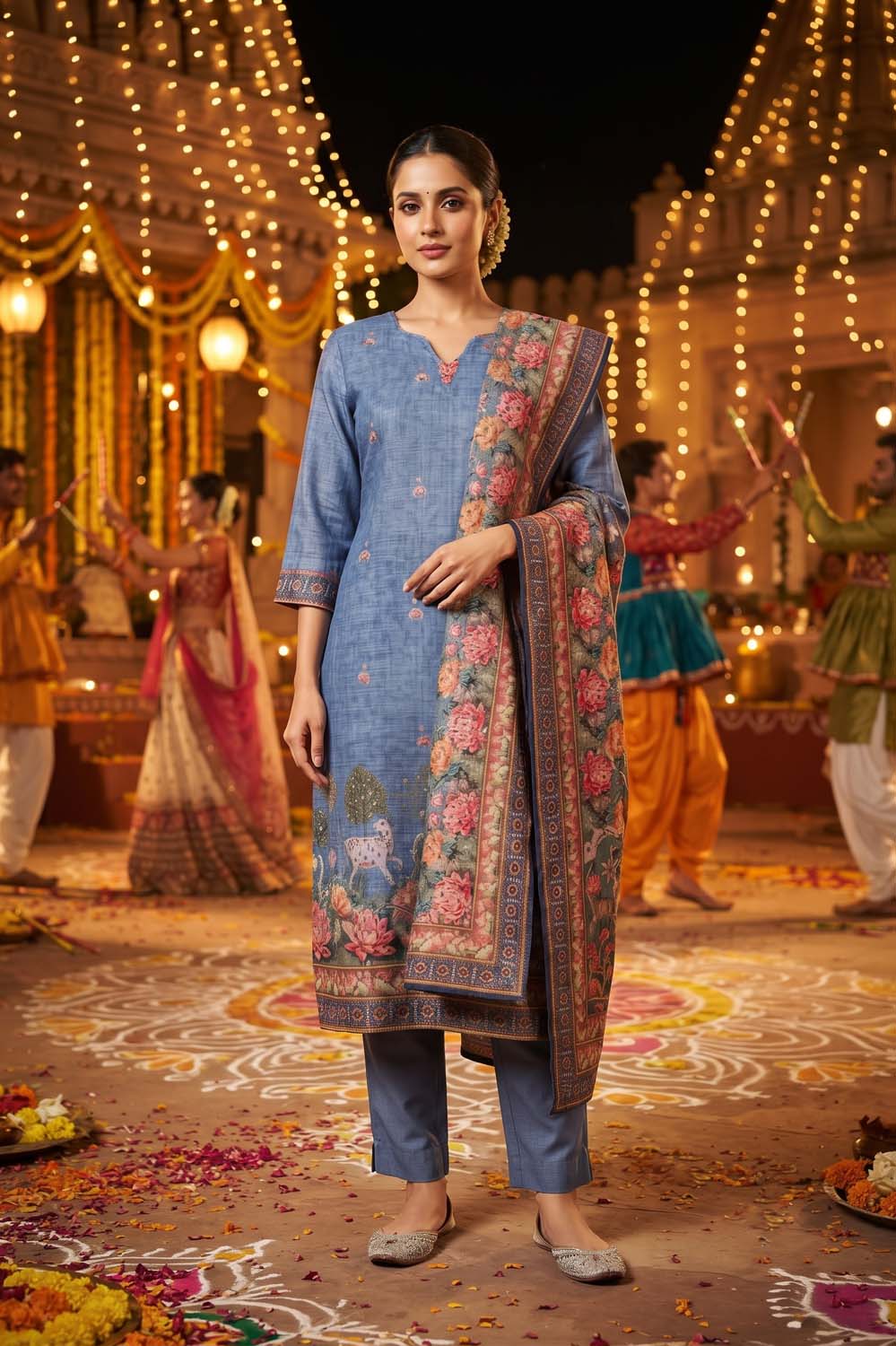 Blue Silk 3 Pcs Set Kurti Pant Dupatta
