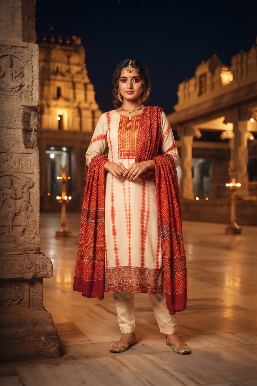 Red Crepe 3 Pcs Set Kurti Straight Pant Dupatta
