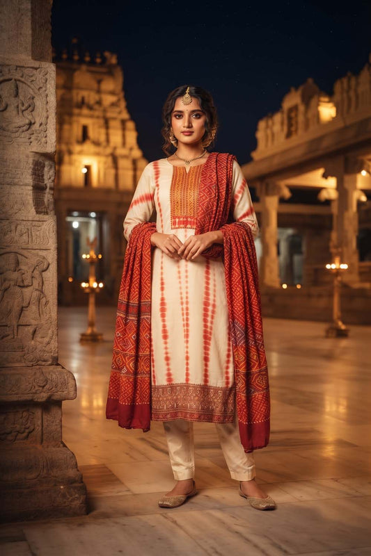 Red Crepe 3 Pcs Set Kurti Straight Pant Dupatta
