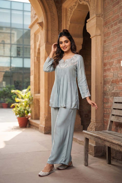 Sky Blue Chinon Short Kurti With Plazo 2 Pcs Set