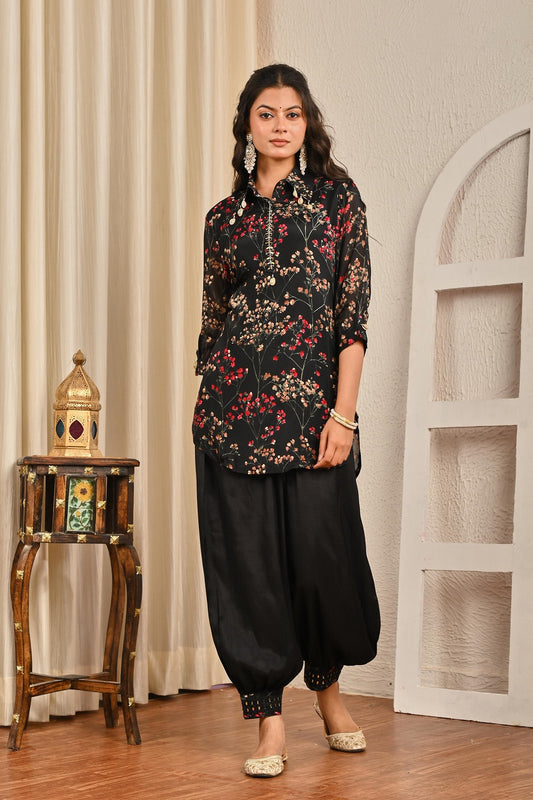Black Printed Chinon Kurti 2 Pieces Set