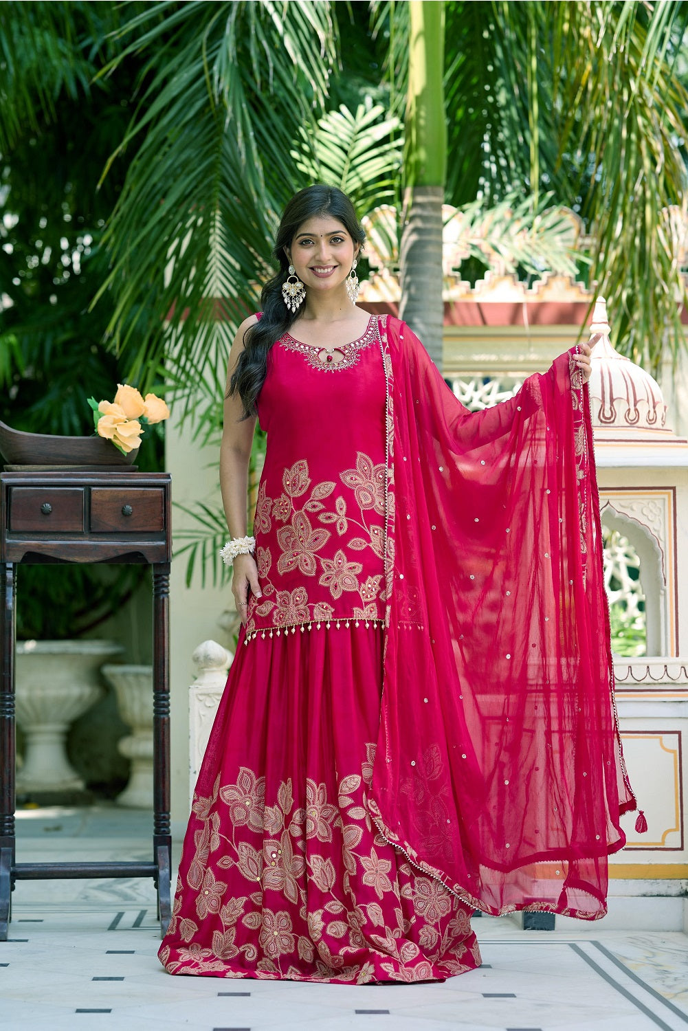 Reddish Pink Chinon Skirt Kurti 3 Pieces Set