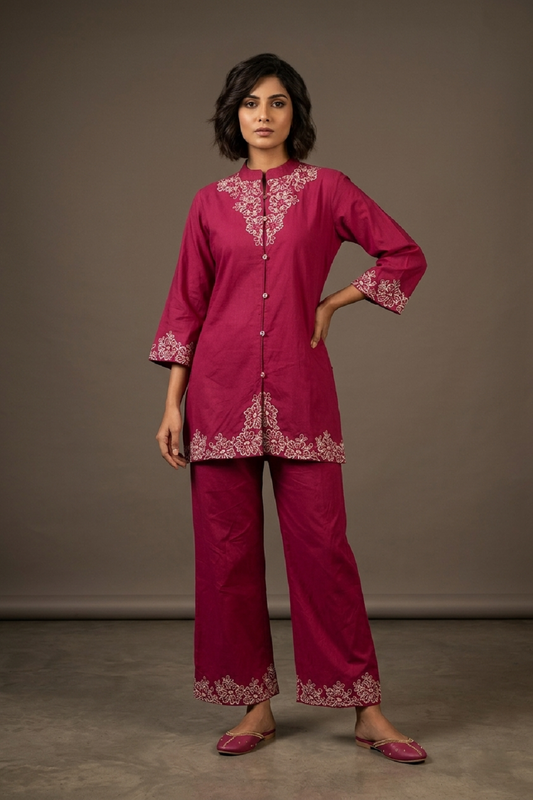 Maroon Cotton Kurti Plazo 2 Pieces Set