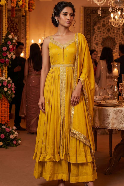 Mustard Chinon Kurti Open Skirt