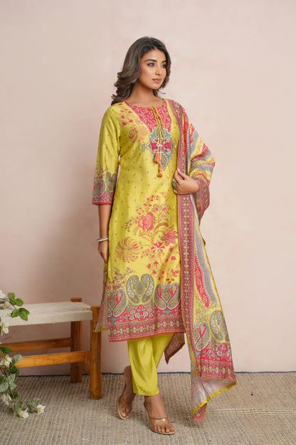 Lemon Yellow Partyqueen Kurti Pant Dupatta Set