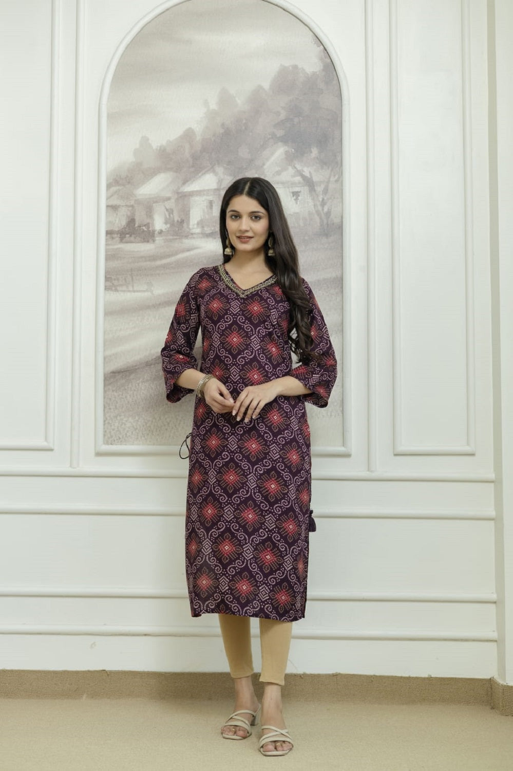 Wine Rayon Handwork Straight Cut Kurti