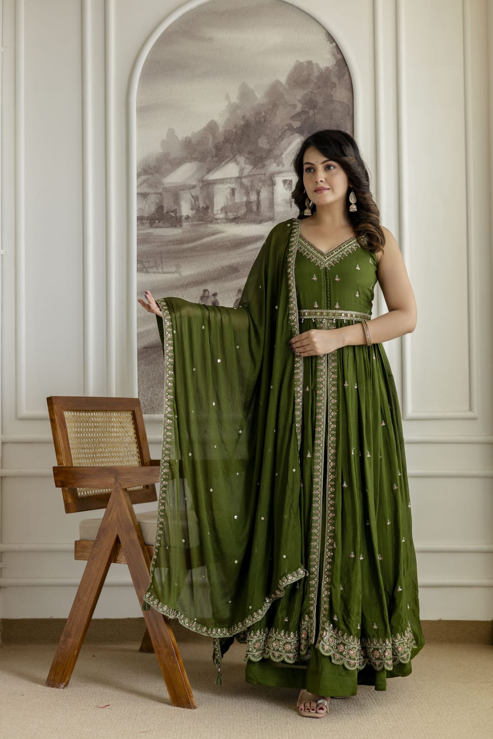 Mehandi Green Chinon Kurti 3 Pieces Set