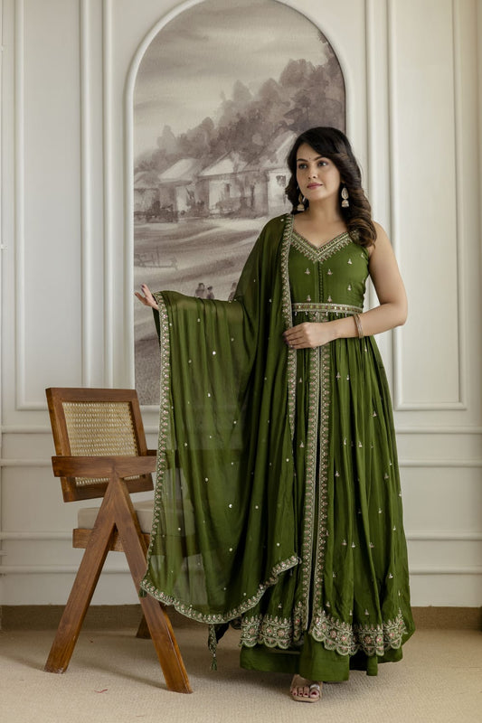 Mehandi Green Chinon Kurti 3 Pieces Set