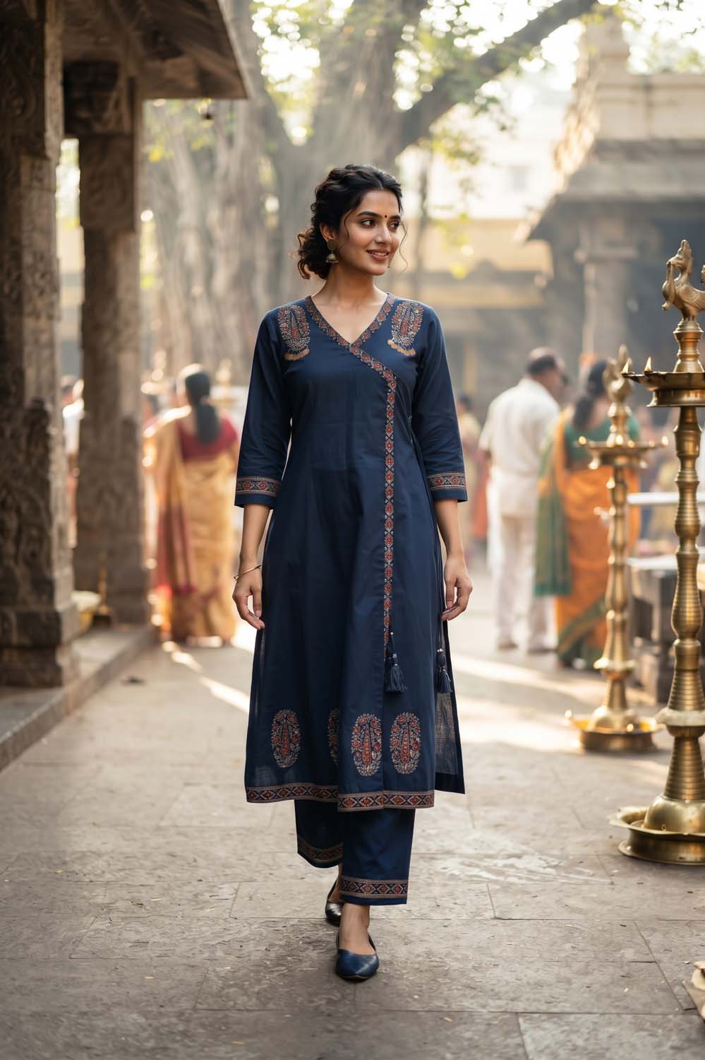 Navy Blue Cotton Angrakha Style Kurti Frock Straight Pant Dupatta