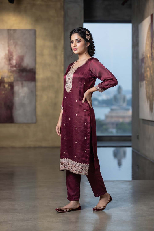 Megenta Straight Cut Kurti With Pant With Dupatta 3 Pcs Set