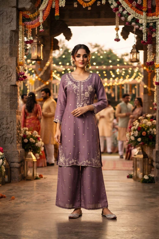 Lavender Pure Chinon 3 Pcs Set Kurti Straight Plazo Dupatta