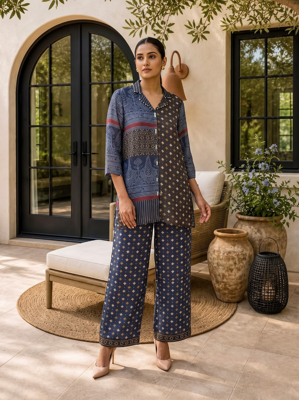 Blue Crepe Short Kurti With Plazo 2 Pcs Set