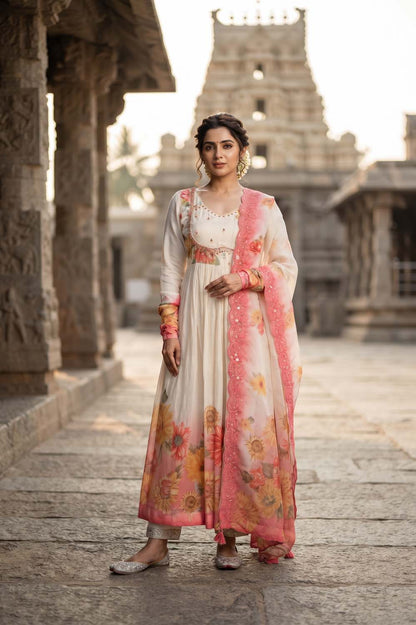 L Peach Synthetic 3 Pcs Set Kurti Long Frock Straight Pant Dupatta