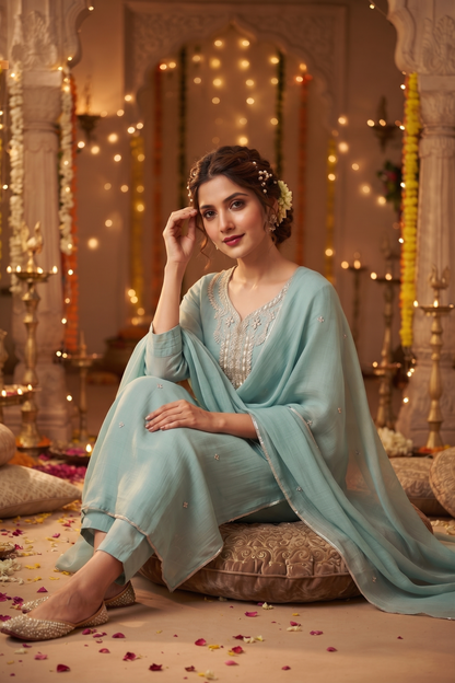 Sky Silk Straight Kurti With Pant and Dupatta 3 Pcs Set