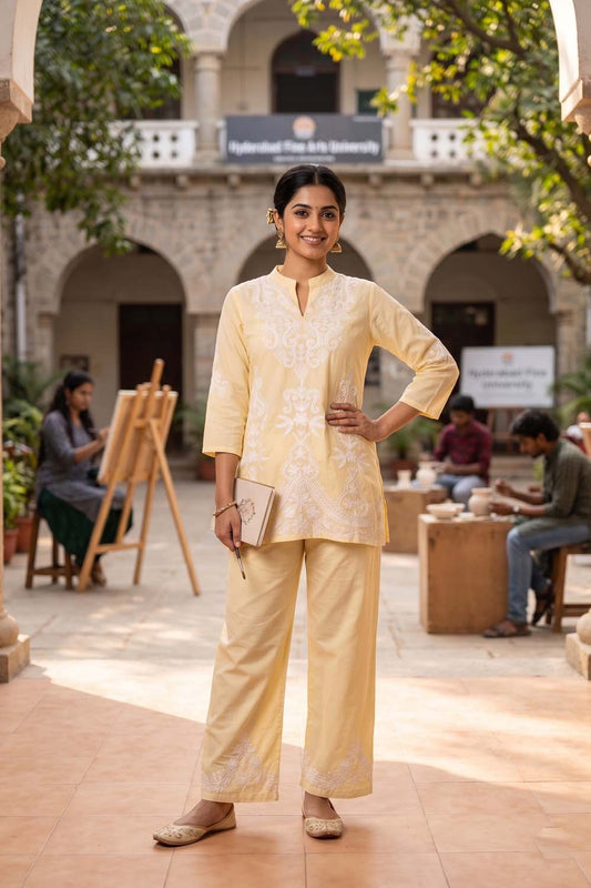 Lemon Short Kurti With Straight Plazo 2pcs Set