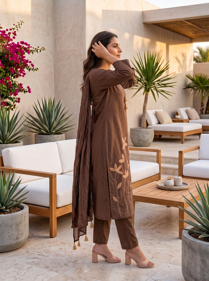 Brown Cotton Straight Kurti With Plazo and Dupatta 3 Pcs Set