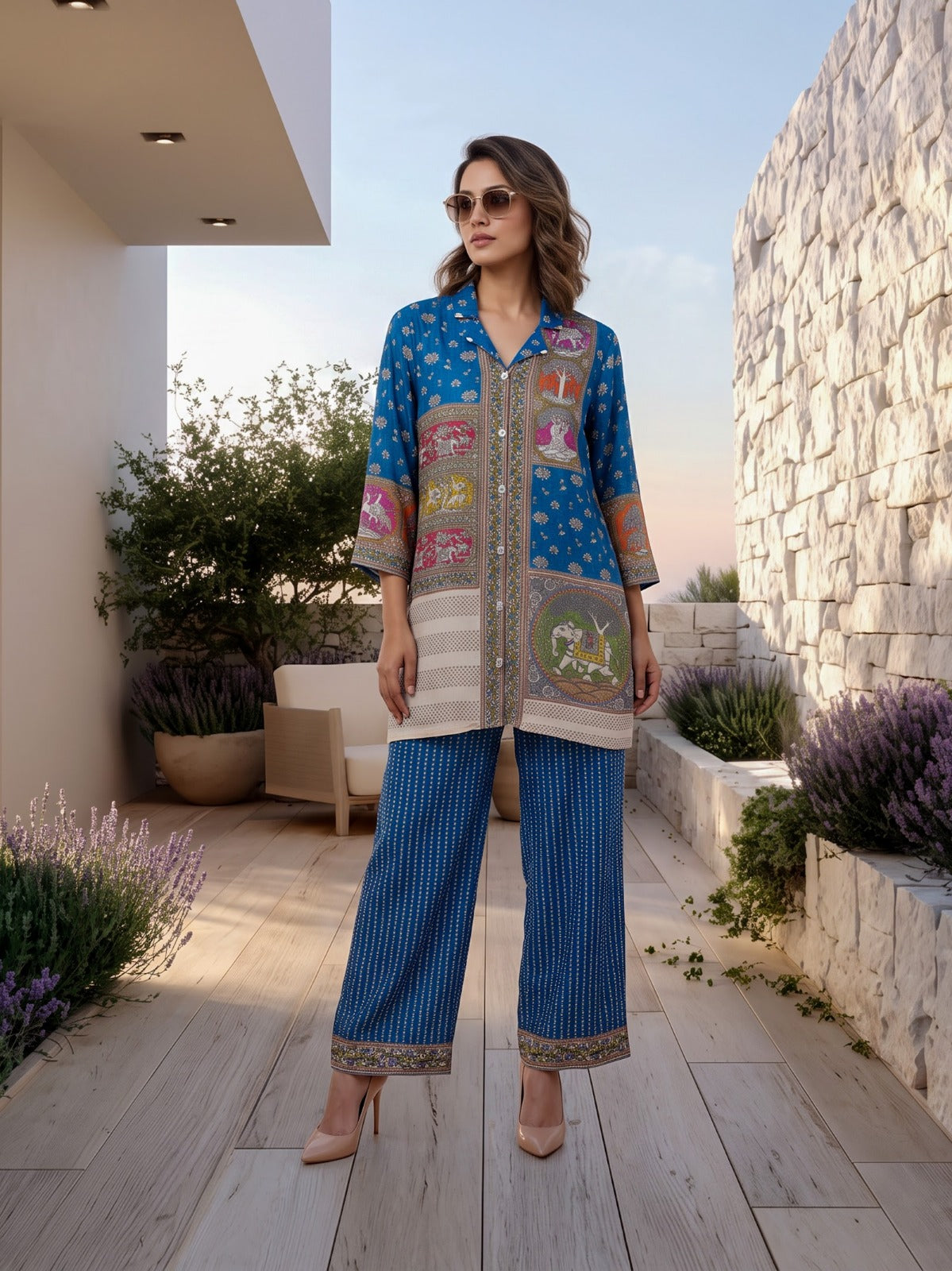 Blue Crepe Short Kurti With Plazo 2 Pcs Set