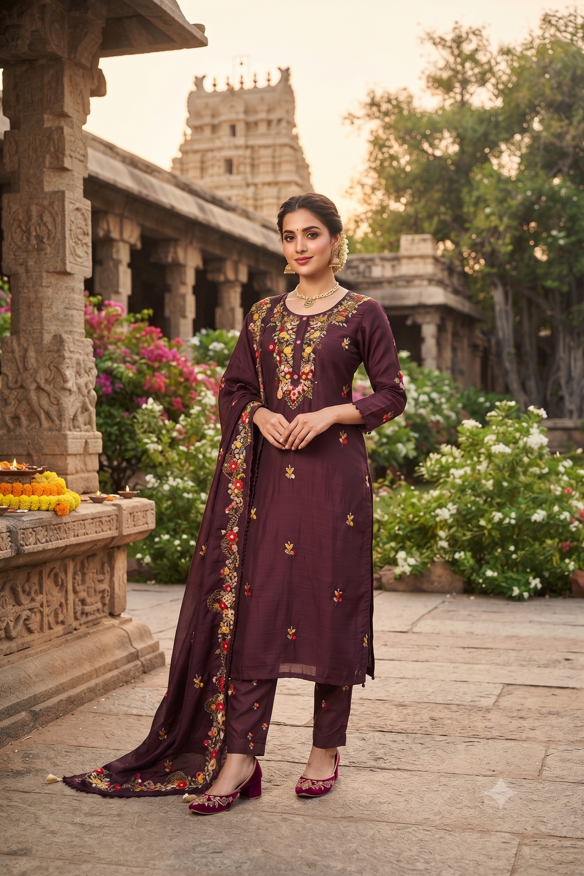 Brown Silk Straight Kurti With Pant and Dupatta 3 Pcs Set