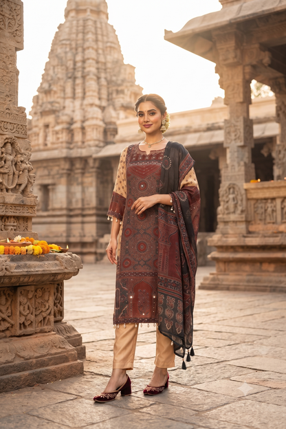 Maroon Crepe Straight Kurti With Pant and Dupatta 3 Pcs Set