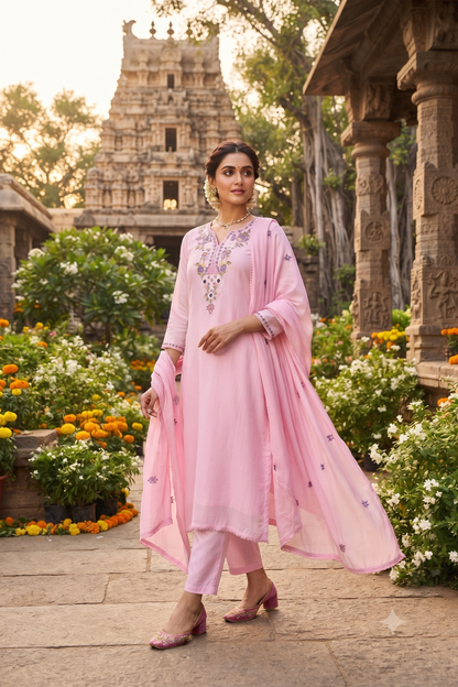 Pink cotton Straight Kurti With Pant and Dupatta 3 Pcs Set