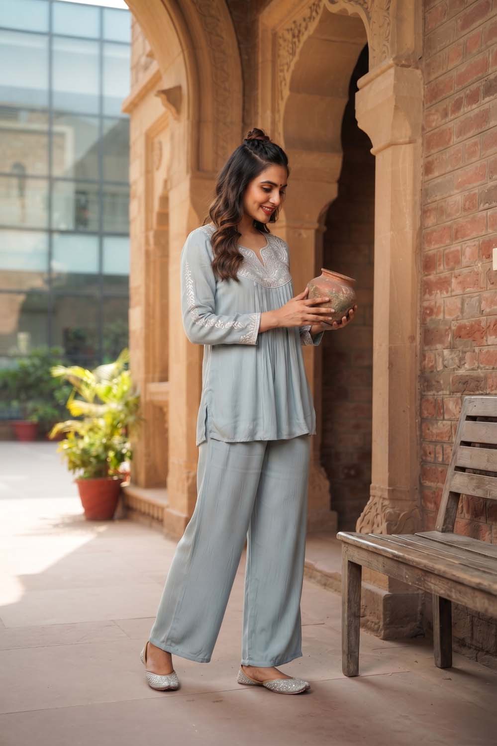 Sky Blue Chinon Short Kurti With Plazo 2 Pcs Set