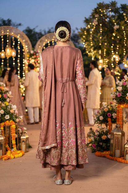 Brown Pure Chinon 3 Pcs Set Kurti Long Frock Straight Pant Dupatta