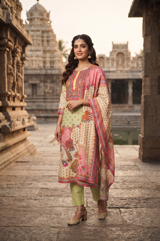 P Green Straight Cut Kurti With Pant With Dupatta 3 Pcs Set