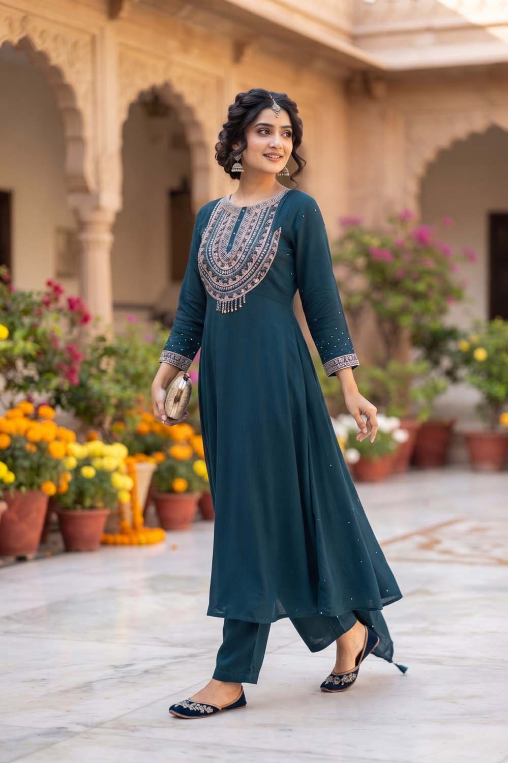 Peacock Blue Chinon Short Kurti With Plazo 3 Pcs Set