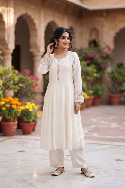 Cream Frock Style Kurti With Plazo 3 Pcs Set