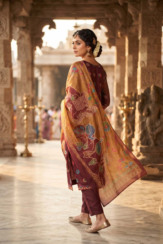 Maroon Silk 3 Pcs Set Kurti Pant Dupatta