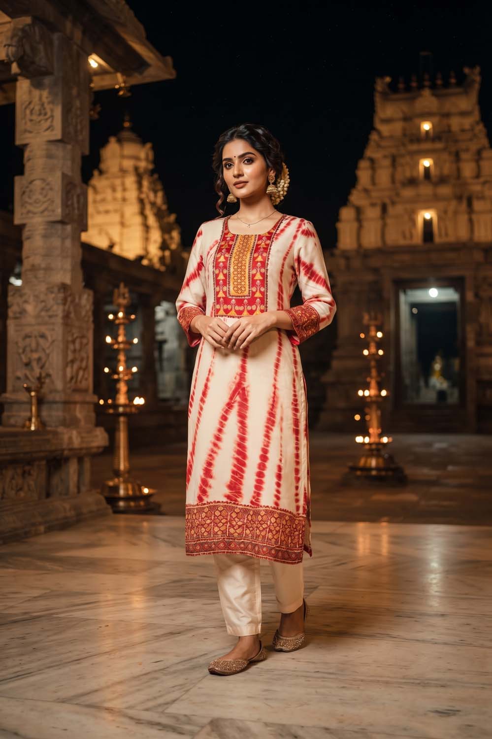 Red Crepe 3 Pcs Set Kurti Straight Pant Dupatta