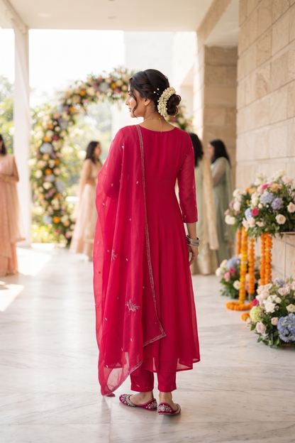 Pink Chinoon Frock Style Kurti With Pant and Dupatta 3 Pcs Set