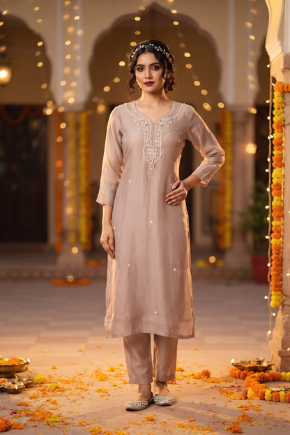 Buff Silk Straight Kurti With Pant and Dupatta 3 Pcs Set