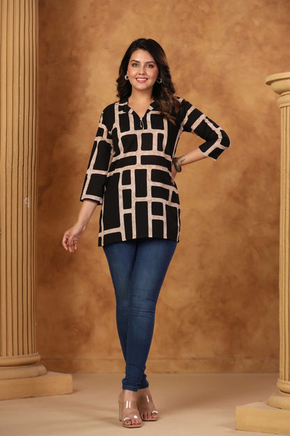 Black Cotton Short Kurti One Pcs