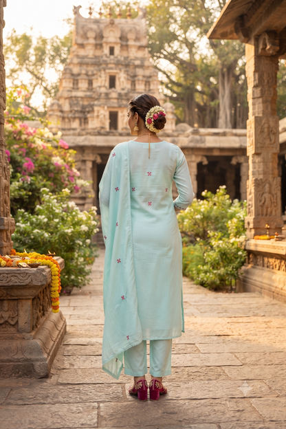 Green Cotton Straight Kurti With Pant and Dupatta 3 Pcs Set