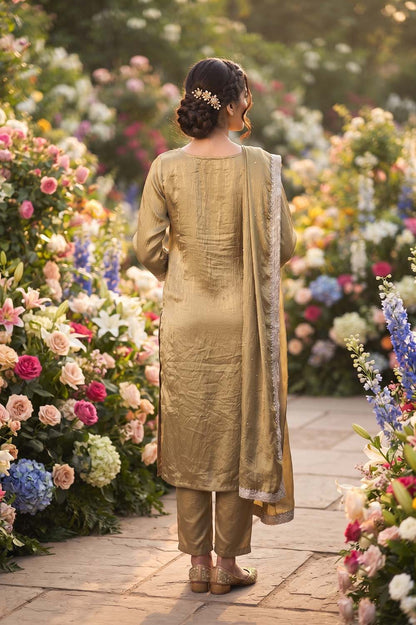L Brown Straight Cut Kurti With Pant With Dupatta 3 Pcs Set