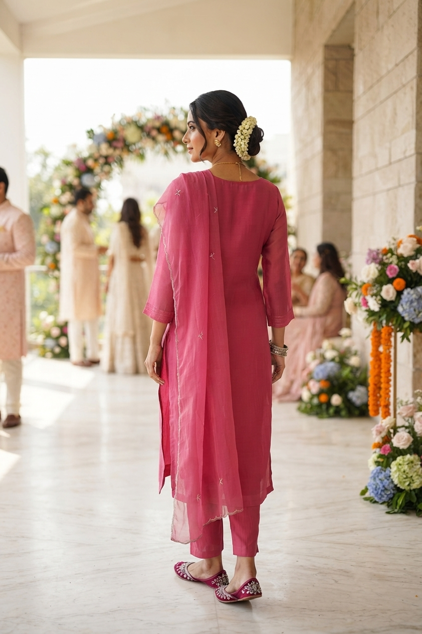 Onion Muslin Straight Kurti With Plazo and Dupatta 3Pcs Set