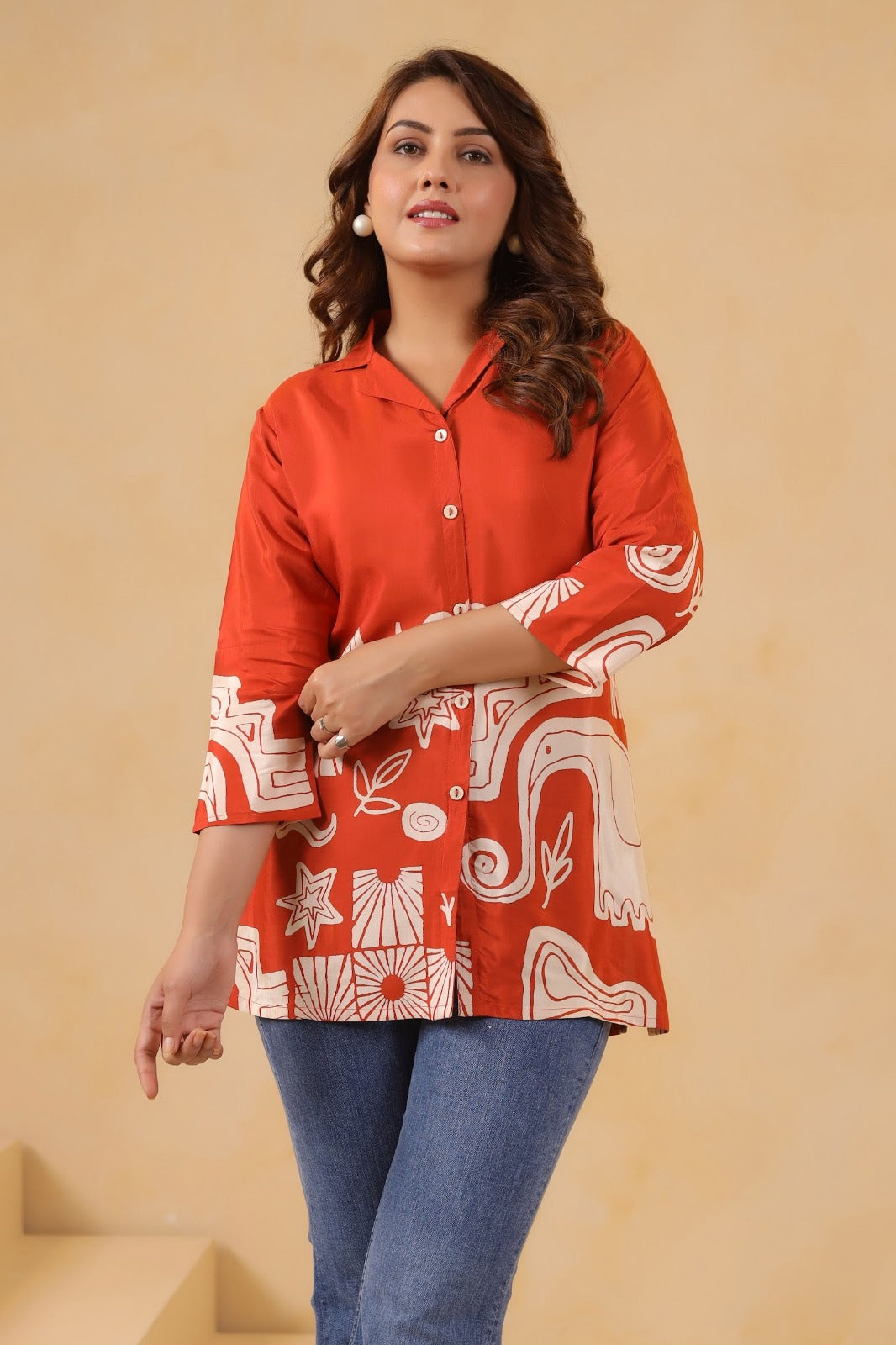 Orange Crepe Short Kurti One Pcs