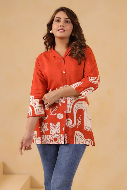 Orange Crepe Short Kurti One Pcs