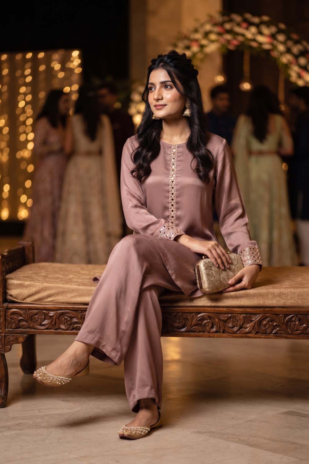 Brown Chinon Straight Cut Kurti With Plazo 2 Pcs Set