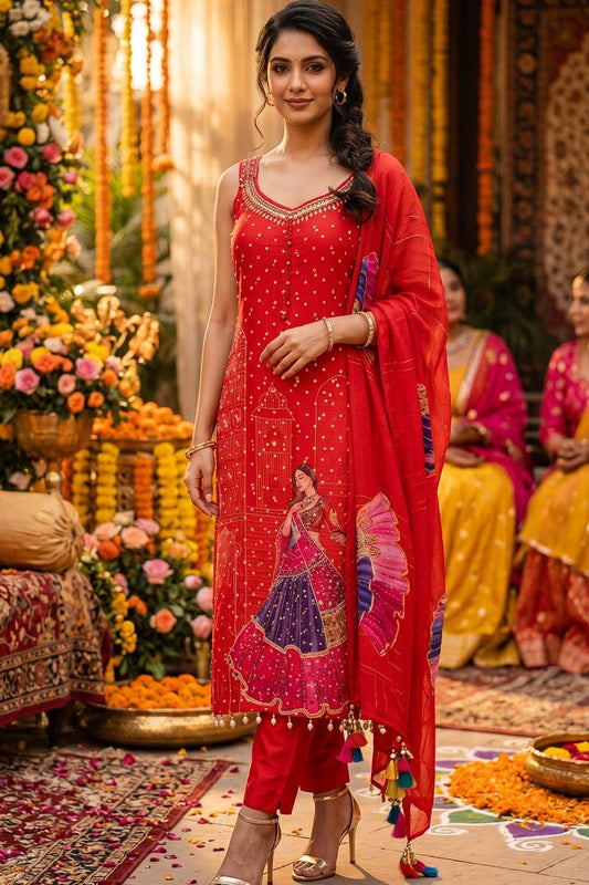 Red Chinon Kurti Pant